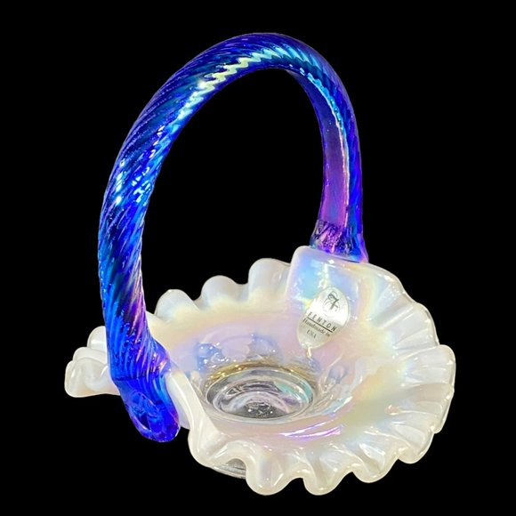Vintage Fenton Mini Basket Grape & Vine Ruffled Opalescent w/Iridescent Handle - Picture 4 of 14